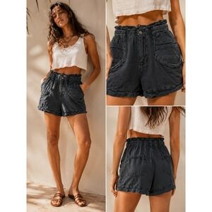 Free People Shorts Womens XS Paperbag Waist Linen Cotton Utility Black Grey